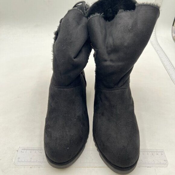 Black Women's Mid Calf Fully Fur Lined Winter Snow Boot with Chic Buckles Shoe - Picture 3 of 8